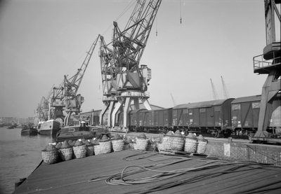 849768 Afbeelding van de overslag van goederen van trein naar schip in de haven te Rotterdam.